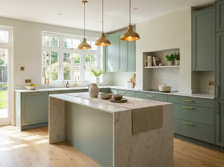 Kitchen with sage cabinetry and a marble island