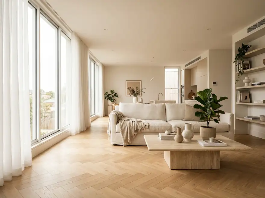 Living room with oak floor and tall windows